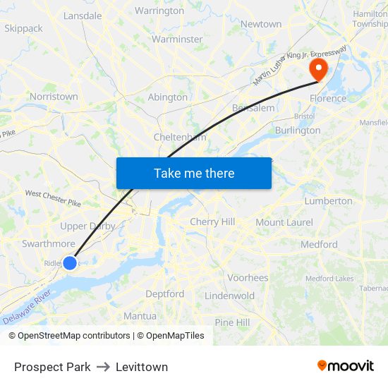Prospect Park to Levittown map