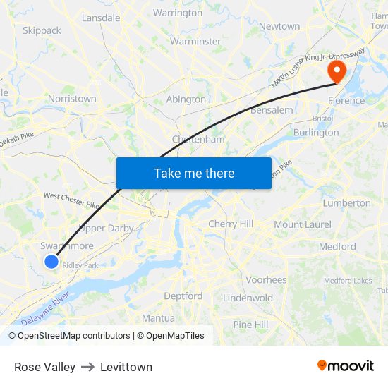 Rose Valley to Levittown map