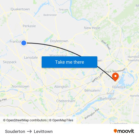 Souderton to Levittown map