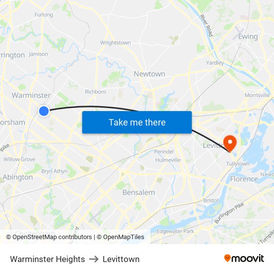 Warminster Heights to Levittown map