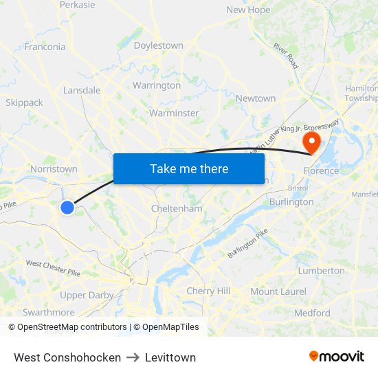 West Conshohocken to Levittown map