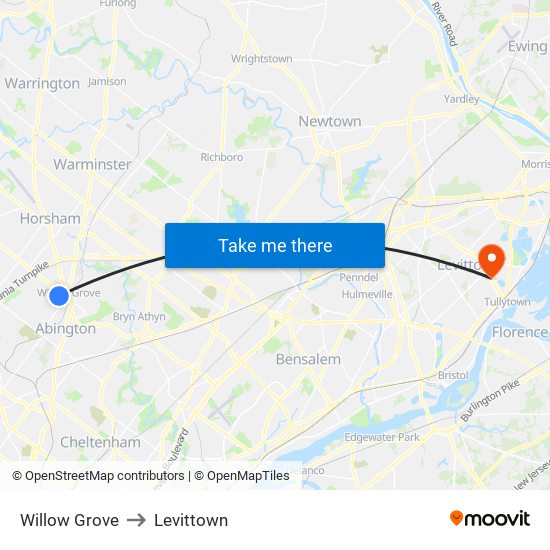 Willow Grove to Levittown map