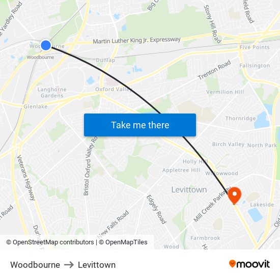 Woodbourne to Levittown map