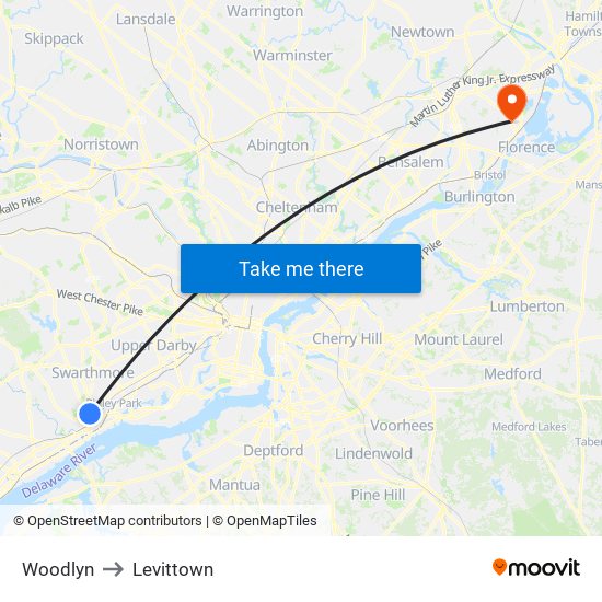 Woodlyn to Levittown map