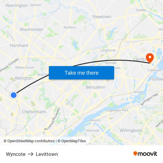 Wyncote to Levittown map