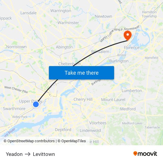 Yeadon to Levittown map