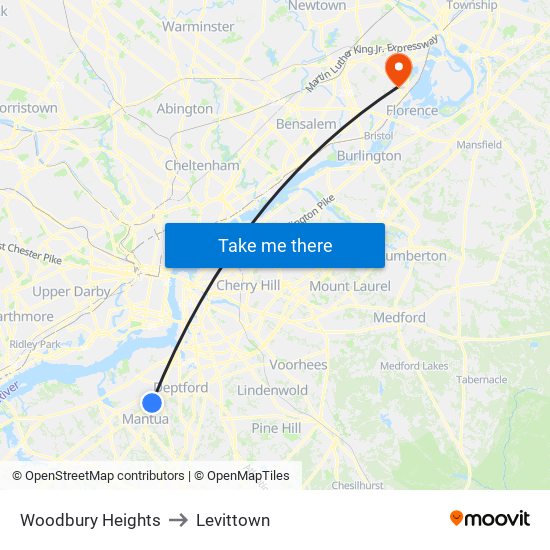 Woodbury Heights to Levittown map