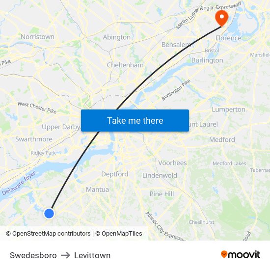 Swedesboro to Levittown map