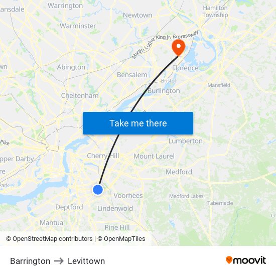 Barrington to Levittown map