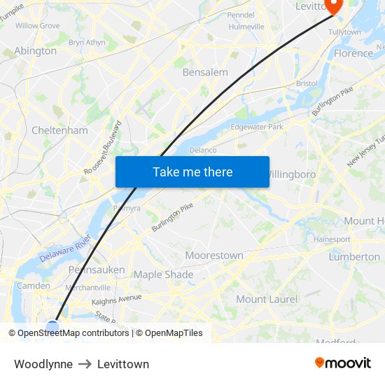 Woodlynne to Levittown map