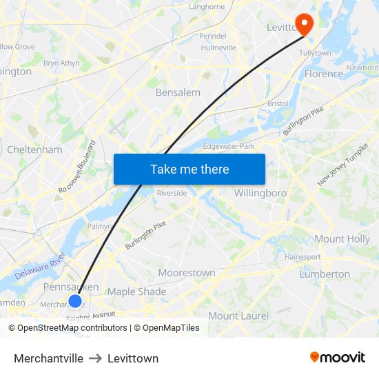 Merchantville to Levittown map