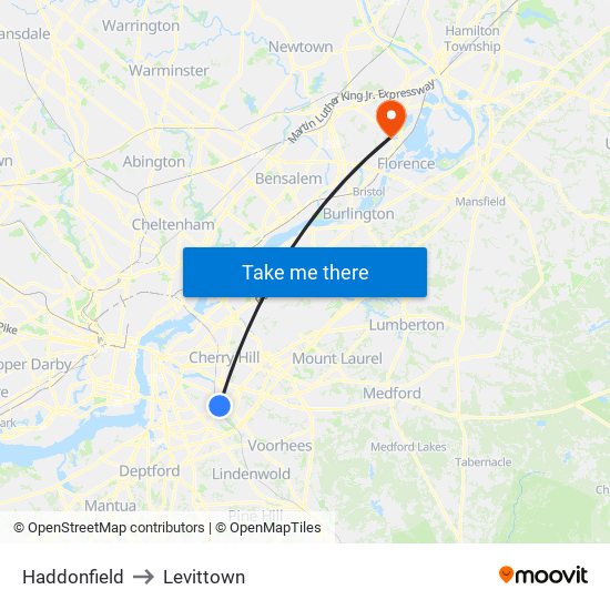 Haddonfield to Levittown map