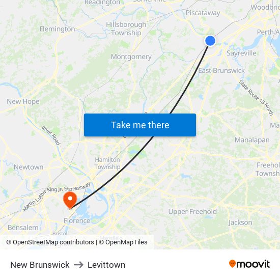 New Brunswick to Levittown map