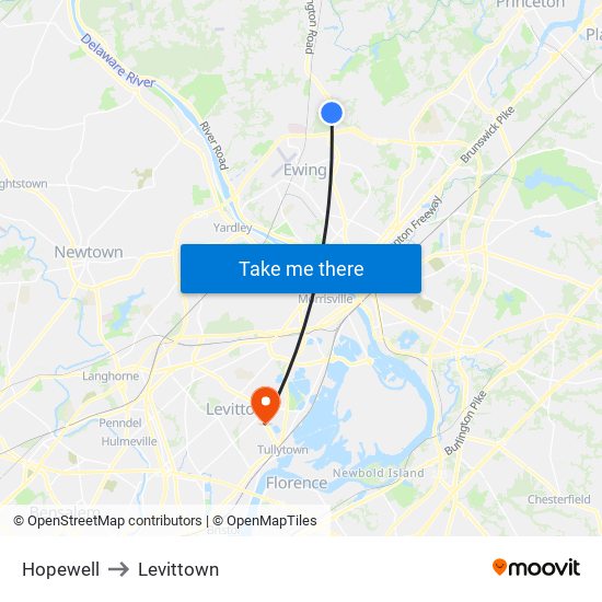 Hopewell to Levittown map
