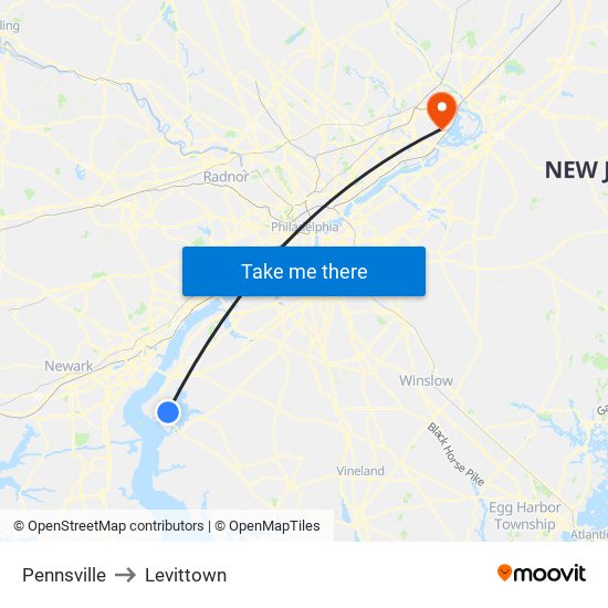 Pennsville to Levittown map