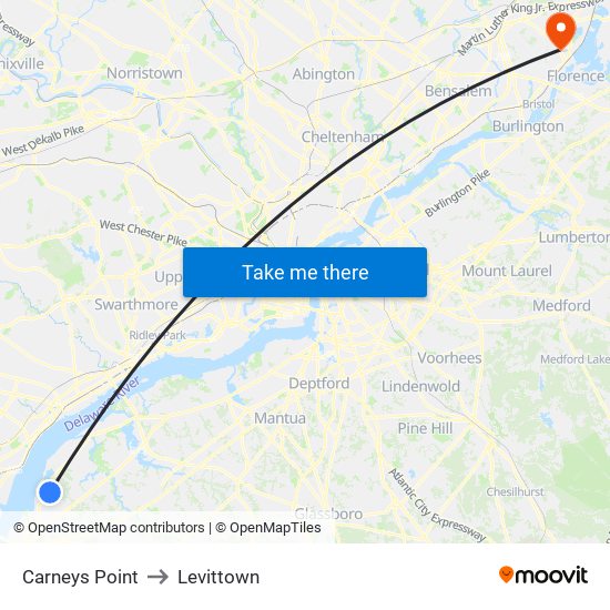 Carneys Point to Levittown map