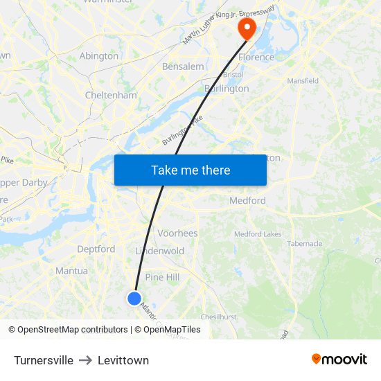 Turnersville to Levittown map