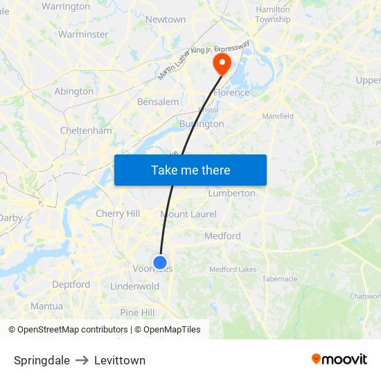 Springdale to Levittown map