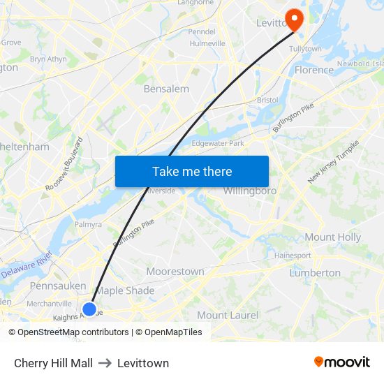 Cherry Hill Mall to Levittown map