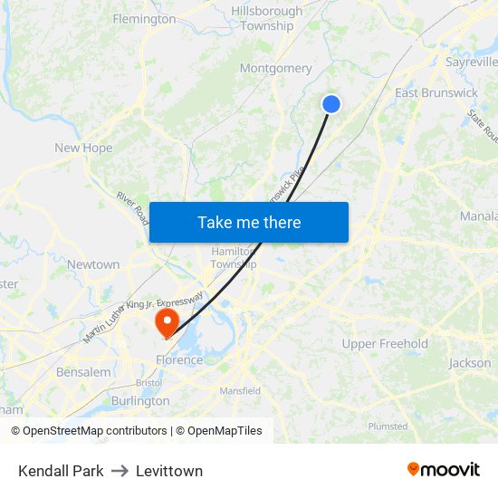 Kendall Park to Levittown map