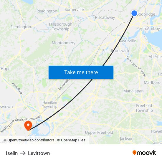Iselin to Levittown map