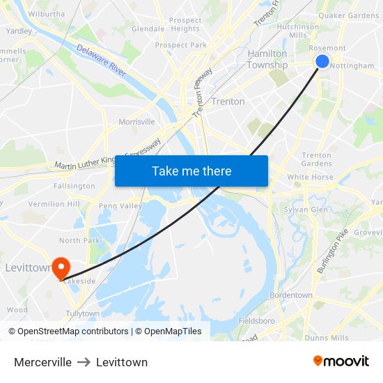 Mercerville to Levittown map