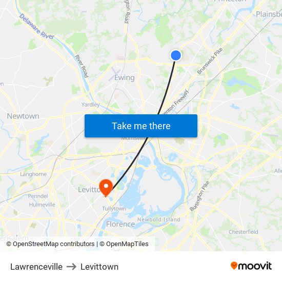 Lawrenceville to Levittown map