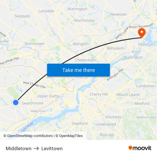 Middletown to Levittown map
