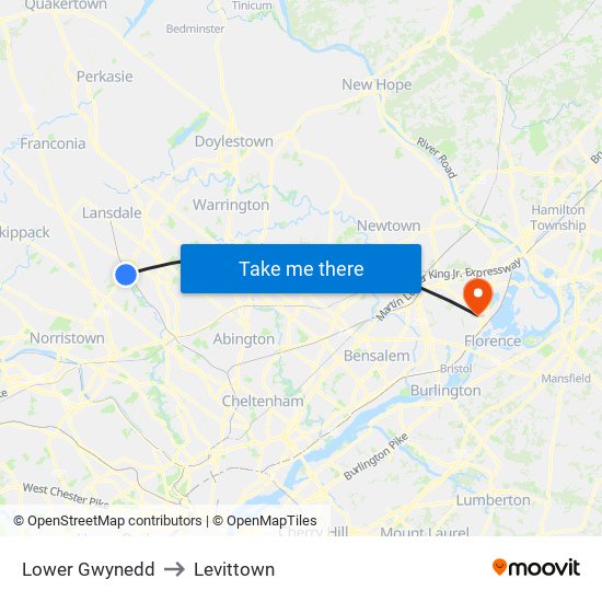 Lower Gwynedd to Levittown map