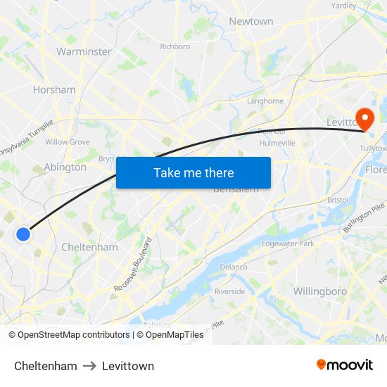Cheltenham to Levittown map