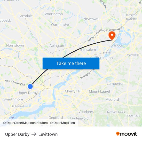 Upper Darby to Levittown map