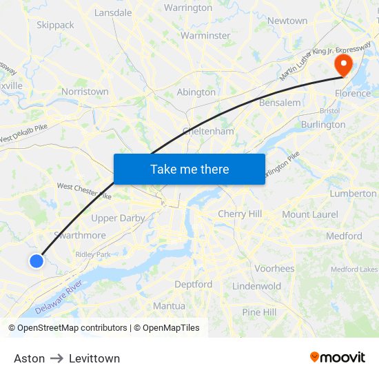Aston to Levittown map