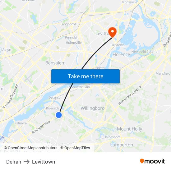 Delran to Levittown map