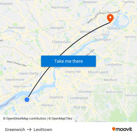 Greenwich to Levittown map
