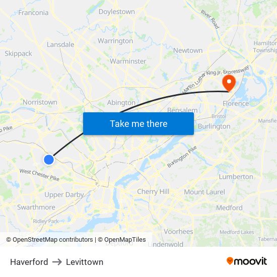 Haverford to Levittown map