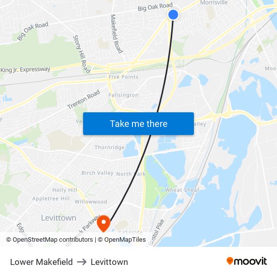 Lower Makefield to Levittown map