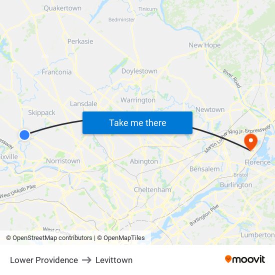 Lower Providence to Levittown map