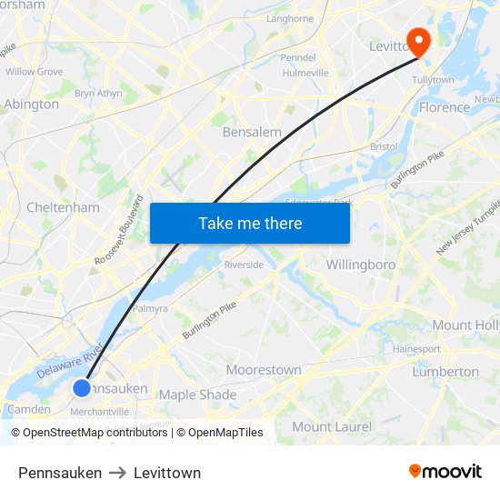 Pennsauken to Levittown map
