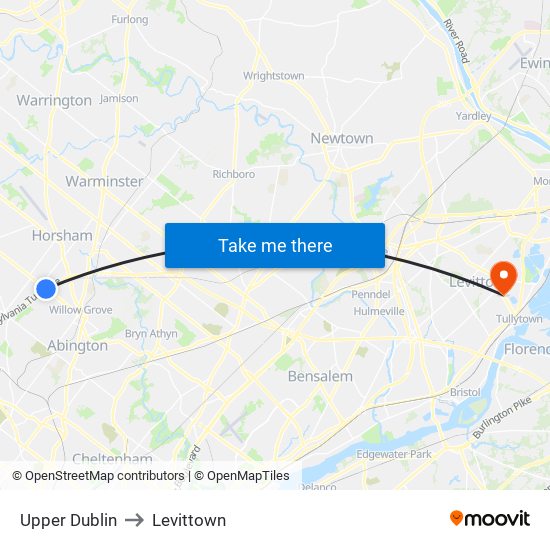 Upper Dublin to Levittown map