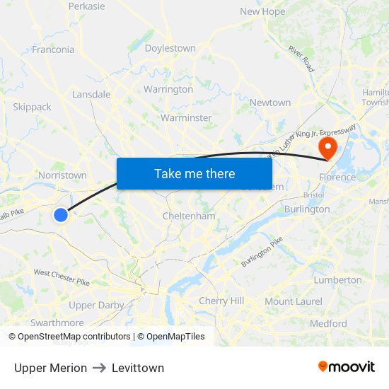 Upper Merion to Levittown map