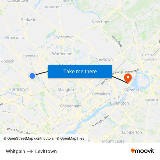 Whitpain to Levittown map