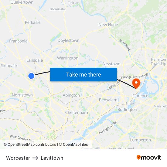 Worcester to Levittown map