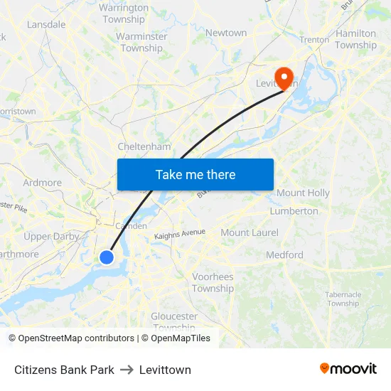 Citizens Bank Park to Levittown map