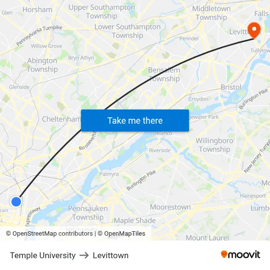 Temple University to Levittown map