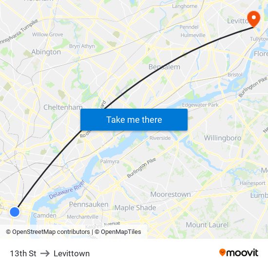 13th St to Levittown map