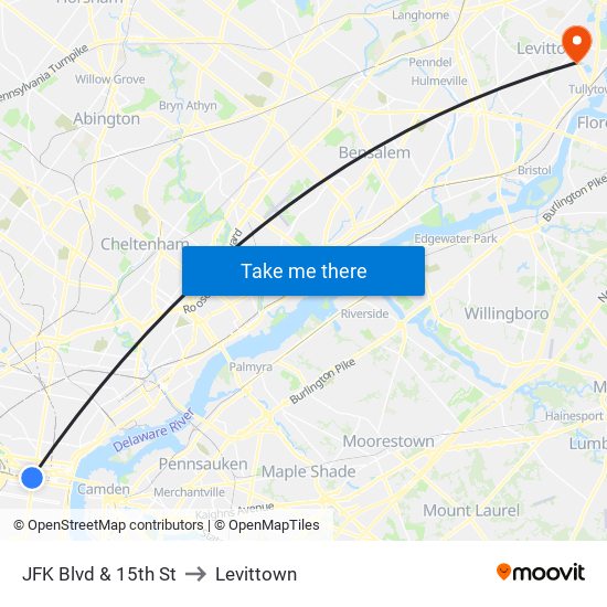 JFK Blvd & 15th St to Levittown map