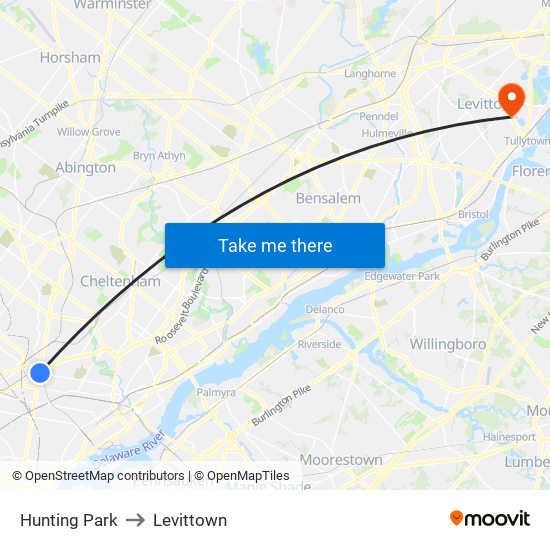 Hunting Park to Levittown map