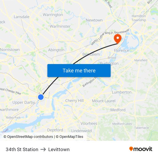 34th St Station to Levittown map