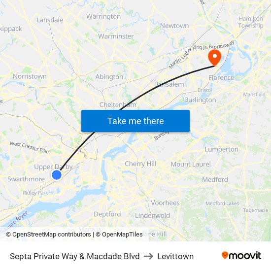 Septa Private Way & Macdade Blvd to Levittown map