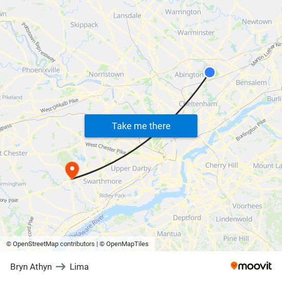 Bryn Athyn to Lima map